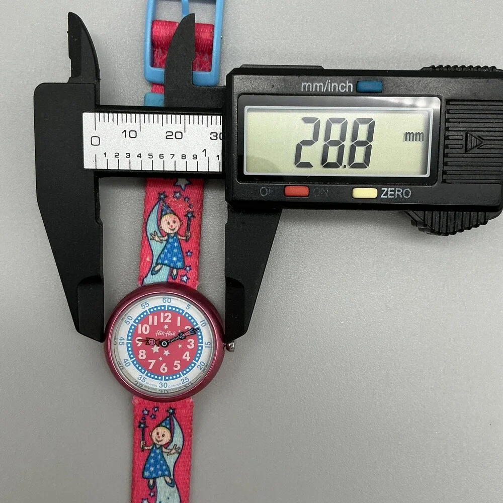 Flik Flak Girls Watch 29mm Pink Blue Dial Fairy Fabric Strap Swiss New Battery